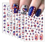 8 Sheets 4th of July Nail Art Stickers Red Blue White American Flag 3D Stickers Flame Heart Butterfly Nail Decoration