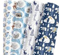 8 Sheets Blue Christmas Wrapping Paper - Winter Forest & Reindeer, Polar Bears, Country Houses, Holiday Cookies Designs for Christmas, Birthday, Holiday, Party, Baby Shower - 19.7 inch X 27.5 inch Per