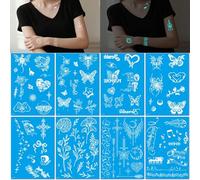 8 Sheets Blue Glow In The Dark Temporary Tattoos White Butterfly And Flower Finger Bracelet Collarbone Glow In The Dark Temporary Tattoos Waterproof.