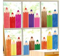 8 Sheets Colorful Pencil Window Clings Decorations Reusable Watercolor Pencils Window Stickers Anti-Collision Non-Adhesive PVC Windows Decals for Back to School Classroom Home Wall Mirror Glass Decors