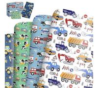 8 Sheets Construction Vehicle Gift Wrapping Paper, Ambulance Excavator Tractor Cow Bulldozer Mixers Dumper Police Car Fire Truck Digger Gift Wrap, Kids Boys Birthday Wrapping Paper Sheet, 50x70cm