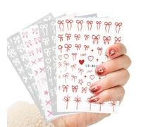 8 Sheets Cute Bow Nail Stickers, 3D Embossed Ribbon Nail Stickers Y2K Heart Cross Star Nail Decals Bowknot Sticker for Nail Design Women Nail Decor Accessories