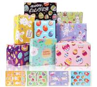 8 Sheets Easter Gift Wrapping Paper, Colourful Easter Wrapping Paper with 4 Sheet Stickers Lovely Rabbits Eggs and Happy Easter Pattern for Spring Holiday Easter Day Birthday Baby Shower Party 50x70cm