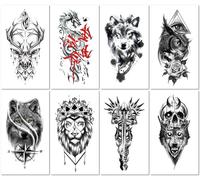 8 Sheets European And American Style Temporary Tattoo Stickers With Geometric Animal Patterns Such As Lions Wolves And Foxes