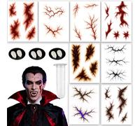 8 Sheets Halloween Tattoo Horrible and Bloody + Vampire Teeth Children Adults Halloween Make-Up Vampire Teeth Catches for Halloween Party (A)