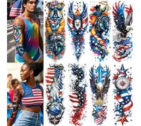 8 Sheets Independence Day Temporary Tattoos, USA Flag Patriotic Waterproof Sleeve Tattoos, Red White Blue Party Supplies Temp Tattoo Kits 4th of July Memorial Day, Veterans Day, Summer Festivals