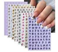 8 Sheets Old English Nail Art Stickers Decals Black White Letters Character Nail Decals Laser Glitter Gold Letters Alphabet Nail Art Design Letters Words Nail Sticker for Women Girls Nail Decoration