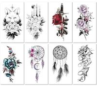 8 Sheets Red Rose Floral Arm/Half-Sleeve Temporary Tattoo Owl Hourglass Geometric Shape Sticker