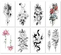 8 Sheets Red Rose Floral Arm/Half-Sleeve Temporary Tattoo Owl Hourglass Geometric Shape Sticker