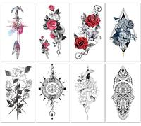 8 Sheets Red Rose Floral Arm/Half-Sleeve Temporary Tattoo Owl Hourglass Geometric Shape Sticker