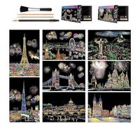8 Sheets Scratch Art for Kids & Adults, A4 Rainbow Engraving Painting Landscape Scratchboard, Engraving Art Scraper Foil Paper with 4 Tools - Tower Bridge, Big Ben, Cristo Redentor, Ferris Wheel