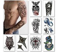 8 Sheets Temporary Transfer Tattoos Transfers For Guys Men Boys & Teens - Fake Stickers For Arms Shoulders Chest Back Legs Tribal Scorpion Skull Rose Owl Tattoo For Halloween - Realistic Waterproof