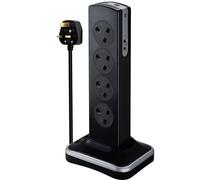 8 Socket 2M H05Vv-F 3G1 25 Switched Tower Surge Extension Lead + Usb (2 Port 3.1A) Gloss Black - Mp (Uk) SRGTOWSU82PB-MP