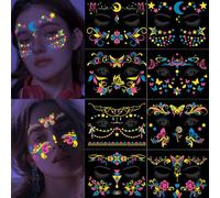 8 Styles Fluorescent Face Stickers Waterproof Nightclub Makeup Ball Neon Luminous Music Festival Fluorescent Temporary Tattoo Transfer Stickers