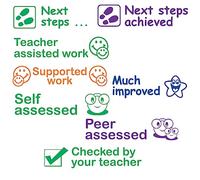 8 Teacher Stamps: Next Steps/..Achieved, Peer/Self assessed, Teacher Assisted, Supported Work, Checked by Teacher, Much Improved