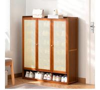 8 Tier Bamboo Shoe Storage Cabinet with Doors Freestanding Rattan Shoe Rack for Entryway Hallway & Living Room Wooden for Closet Brown