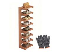 8-Tier Tall Narrow Shoe Rack - Vertical Bamboo Shoe nizer for Entryway Space-Saving Closet Storage Rustic Brown Shoe Shelf Tower with Gloves for Hallway & Bedroom (32.68 in)