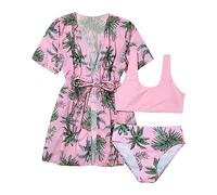 8 to 12Y Girls Beach Swimwear Sports Coconut Tree Print Bikini Cover Up Swimwear Briefs Suit Middle Children Girls Playful Styling up Sets (Pink, 7-8 Years)