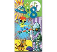 8 Today - Happy 8th Birthday Greeting Card with Lovely Verse - Outer Space, Aliens, UFO, Skateboard, Comic Art - Wee Nippers by Cardigan Cards