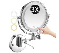 8" Touch Dimming Wall Mount Makeup & Shaving Mirror Chrome LED Two Sided Extending & Rotating 3 Color Lights Hardwired 3X Magnification