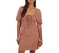 (8 UK, Rust/Black) Brave Soul Womens/Ladies Checked Square Neck Puff Sleeve Mini Dress