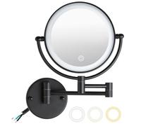 8” Wall Mounted Lighted Makeup Vanity Mirror with 3 Color Lights Stepless Dimming, 1X/10X Magnifying LED Two Sided Bathroom Touch Sensor Extendable Arm 360 Swivel Shaving Mirror Hardwired, Matte Black
