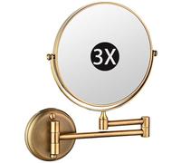 8" Wall Mounted Makeup Mirror - Double Sided 3X Magnifying 360° Swivel Extendable Shaving Vanity Mirror for Bathroom Brushed Gold Finish Perfect for Grooming