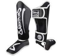 8 WEAPONS Kids Unlimited 2.0 Shin Pads Black/White L/XL Training & Competition Premium Faux Leather and Perfect Cushioning Muay Thai K1 MMA Karate & Kickboxing