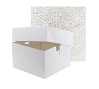 8" White Birthday/Celebration Cake Box with 8" Square Double Thick Silver Board 3mm Thick - (Pack of 10)