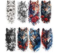 8 Wolf King Flower Tattoo Stickers For Arms - Realistic Color