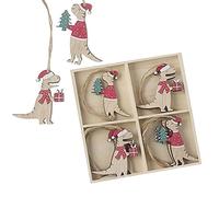 8 Wooden Dinosaur Christmas Tree Decorations, Boxed Bauble Gift Set