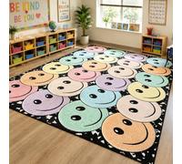 8' x 10' Composition Notebook Classroom Rug Pastel Smiley Face Seating Carpet for Kids, Washable Non-Slip Educational Area Rugs Large Soft Play Mat for Kindergarten Nursery Playroom Decor