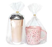8 x 11 Bottom Gusset Gift Bags, 100Pcs Clear Cellophane Gift Bags with 60pcs Twist Ties for Party Favor Packaging, Gift Mug Wrapping, Clear Treat Goodie Bags for Cookie, Candy, Popcorn Food Storage