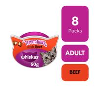 8 x 60g Whiskas Temptations Adult Cat Treats Beef Cat Biscuits (480g)