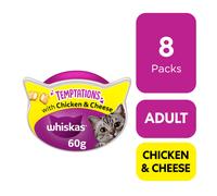 8 x 60g Whiskas Temptations Cat Treats Chicken & Cheese Cat Biscuits (480g)