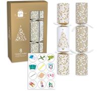 8 x Christmas Crackers - 12” Crackers with Gifts Party Hats & Mottos - Eco-Friendly Contents - Assorted Designs (Gold & Cream Tree)