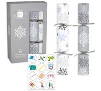 8 x Christmas Crackers - 12” Crackers with Gifts Party Hats & Mottos - Eco-Friendly Contents - Assorted Designs (Silver & White Snowflake)