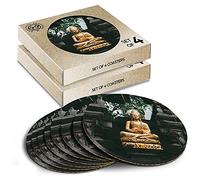 8 x Eco Boxed Cork Coasters - Buddha Statue Meditation Bali Drink Cup Mug Glass Table Mat #21299
