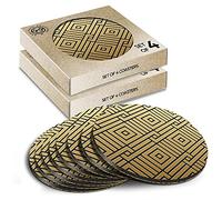 8 x Eco Boxed Cork Coasters - Gold Geometric Pattern Art Deco Drink Cup Mug Glass Table Mat #12555