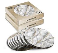 8 x Eco Boxed Cork Coasters - Grey White Gold Marble Effect Pattern Drink Cup Mug Glass Table Mat #24432