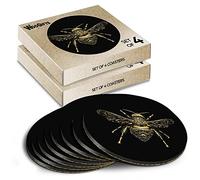 8 x Round Coasters - Golden Bumble Bee Sketch Cork Backed MDF Glossy Tea Coffee Accessory #51044