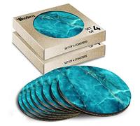 8 x Round Coasters - Green Teal Cracked Marble Effect Cork Backed MDF Glossy Tea Coffee Accessory #52927