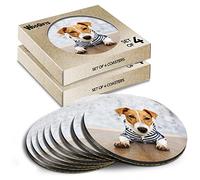 8 x Round Coasters - Jack Russell Puppy Dog Clothes Cork Backed MDF Glossy Tea Coffee Accessory #51243
