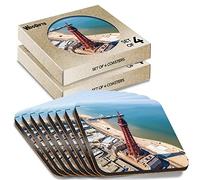 8 x Square Coasters - Blackpool Tower Central Pier England Cork Backed MDF Glossy Tea Coffee Accessory #50295