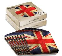 8 x Square Coasters - Distressed Union Jack Flag GB UK Cork Backed MDF Glossy Tea Coffee Accessory #56001