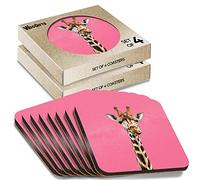 8 x Square Coasters - Pink Space Giraffe Head Cork Backed MDF Glossy Tea Coffee Accessory #63229