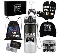 8 Year Old Boy Gifts, Birthday Gifts for 8 Year Old Boys, Cool Game Theme LEVEL 8 UNLOCKED Gift Set with Water Bottle Baseball Cap Socks Bag Keychain Wristbands, 8th Present for Son Grandson Nephew