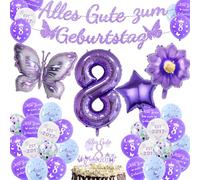 8 Years Butterfly Birthday Decoration Pack of 50 with Balloon Flower, Butterflies Cake Decoration, Butterfly Foil Balloon 8 Years, Colourful Butterflies Birthday Decoration, Girls 8 Years