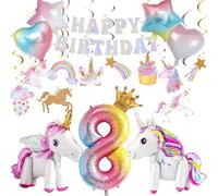 8 Years Old Birthday Decorations Kit with 3D Self Standing Unicorn, Star Heart Balloons, Hanging Swirls for Princess Theme Girls Party Supplies
