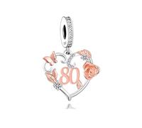 80 80th Birthday Love Heart Rose Flower Butterfly Gold Bead Pendant 925 Sterling Silver Dangle Compatible With Pandora Moments Charm Bracelet